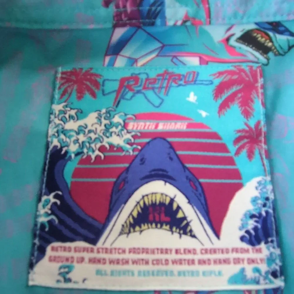 Retro Rifle Shirt Men's Button Down XL Blue "Synth Shark" - Picture 2 of 4